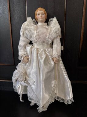 White wedding  Porcelain Doll in Satin Dress